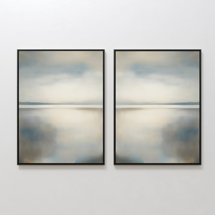 The Still Horizon Set of 2 features framed abstract landscape paintings in soft, muted tones, depicting calm seascapes that evoke serene horizons and tranquil water—perfect minimalist wall art for a peaceful ambiance.