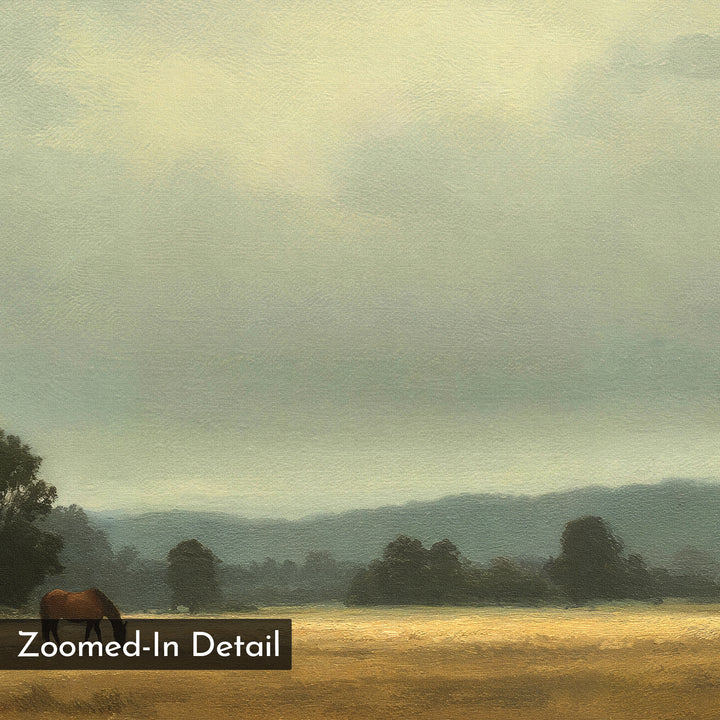 Experience tranquility with the Still Morning Canvas Art, featuring a brown horse grazing in a sunlit field beneath a cloudy sky. Soft painted textures capture distant trees, hazy hills, and the phrase "Zoomed-In Detail.