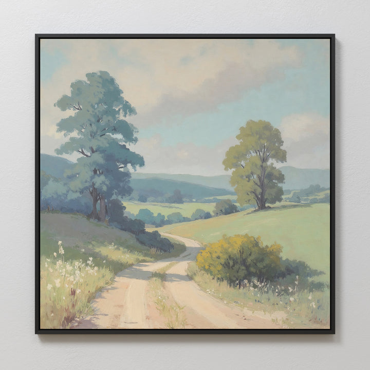 The Summer Dale Canvas Art is a framed countryside print featuring a country dirt road winding through grassy hills, trees, and wildflowers under a partly cloudy sky, bringing rustic tranquility and sunlit calm to your wall decor.
