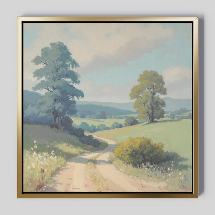 The Summer Dale Canvas Art features a framed rustic countryside landscape with a winding dirt road, green fields, wildflowers, and tall trees under a partly cloudy blue sky.
