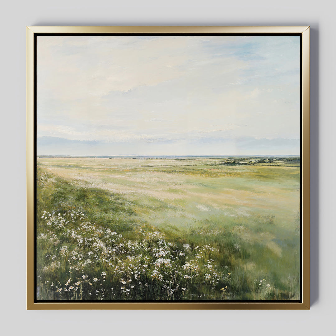 Summer Meadow Canvas Art features a sunlit, wildflower-filled meadow and green grass under a soft sky. This framed wall art brings nature’s beauty and a calming, spacious feel to your living room decor.