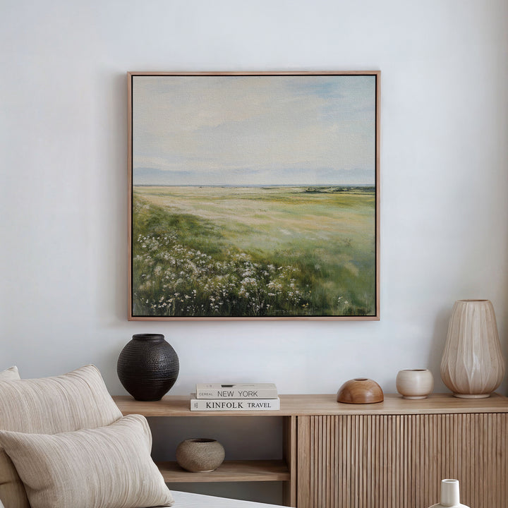 A cozy, minimalist living room with a beige sofa and neutral pillows features a wooden sideboard with vases, bowls, and books. Above it hangs the Summer Meadow Canvas Art, bringing nature’s beauty to the white wall.