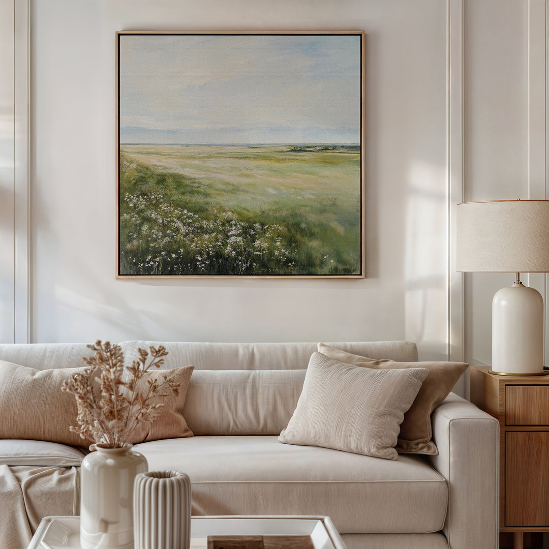 A neutral-toned living room features a cream sofa, beige cushions, a side table with lamp, and a vase with dried flowers. The Summer Meadow Canvas Art hangs above the sofa, enhancing the decor with nature’s beauty.