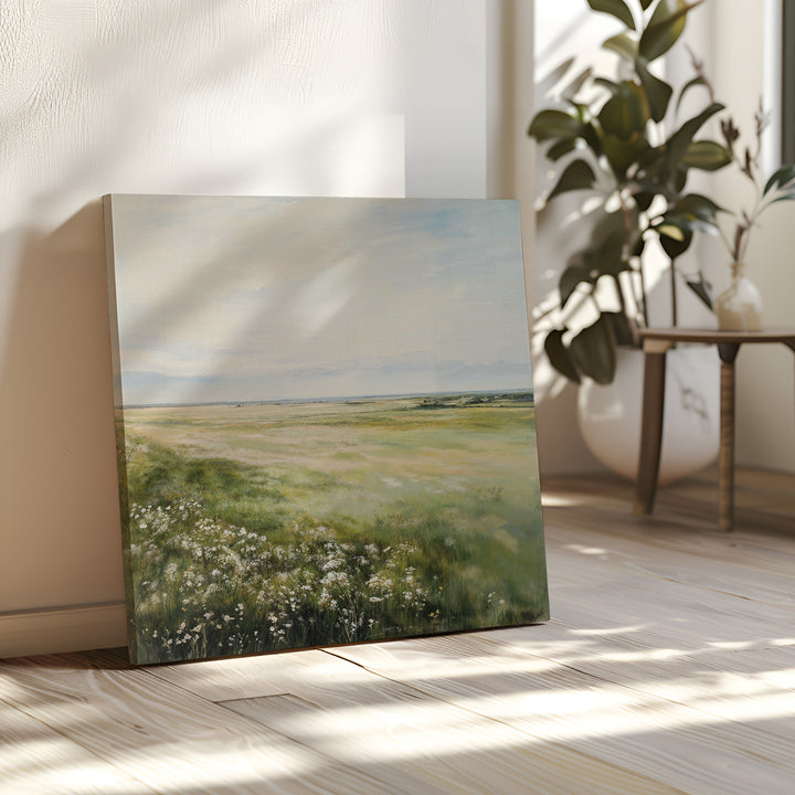 Summer Meadow Canvas Art features a grassy field with white wildflowers, leaning against a white wall in a sunlit room with wooden floors—a perfect way to add natural beauty to your living room decor. A plant and small table complete the scene.