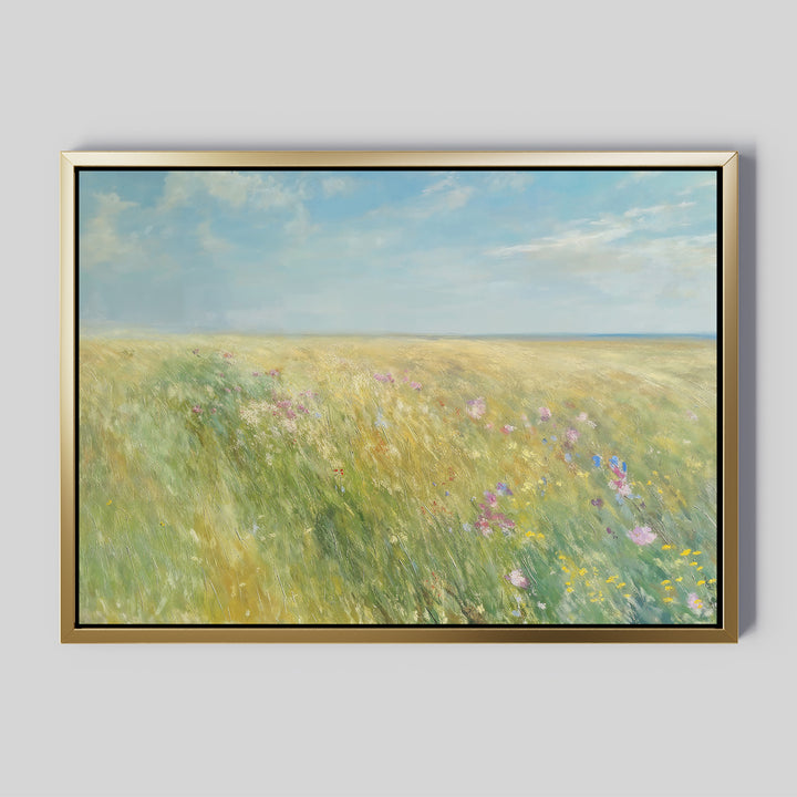 Bring vintage pastoral charm to your space with the Summers Embrace Canvas Art, featuring a serene field of golden-green grass and wildflowers beneath a bright blue sky—perfect for creating a peaceful, breezy summer mood.