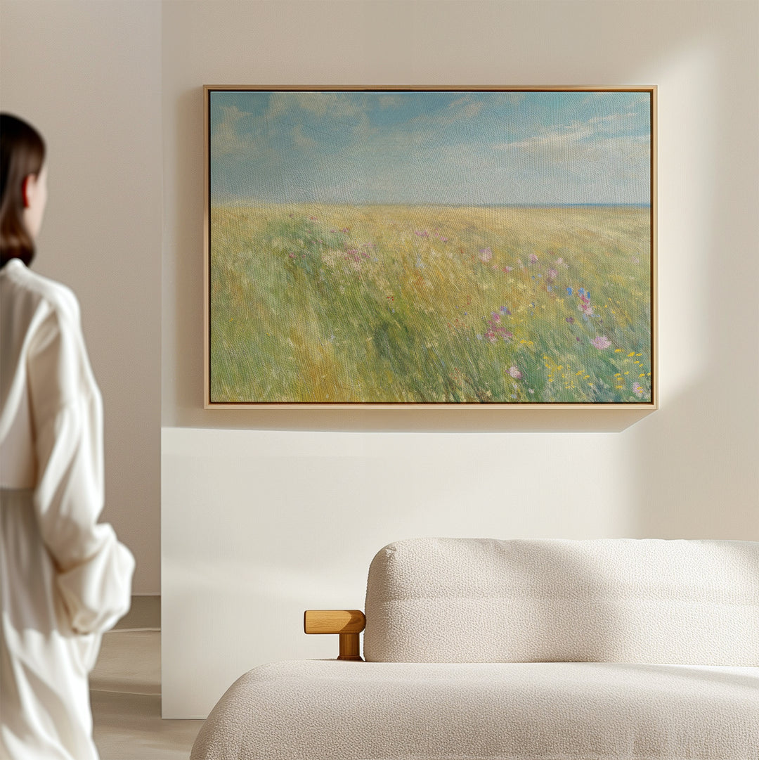A woman stands in a bright, minimalist room, admiring the Summers Embrace Canvas Art—a landscape print of a grassy field with wildflowers and blue sky—hung on a light wall above a beige sofa.