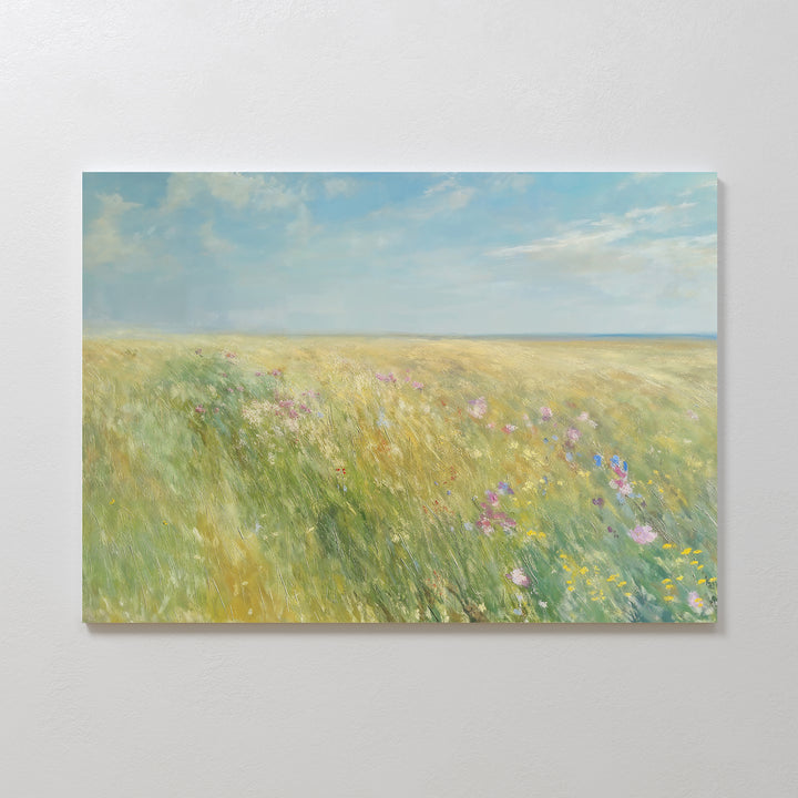 Summers Embrace Canvas Art features a sunny meadow with tall grass and colorful wildflowers under a blue sky, making it ideal as vintage pastoral decor or a stunning landscape wall art print.