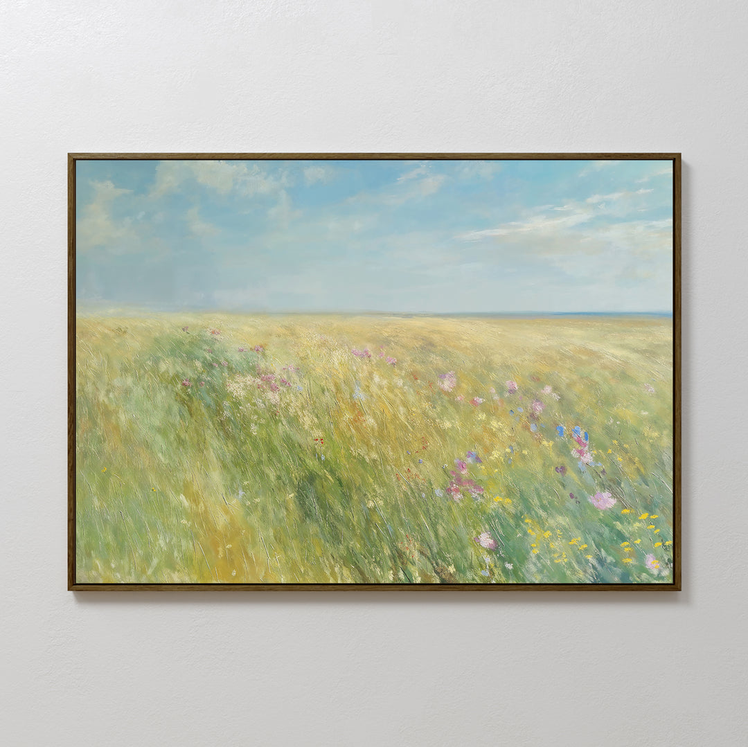 Brighten any plain white wall with the Summers Embrace Canvas Art—a framed print featuring a sunlit meadow, green grass, yellow and pink wildflowers, and a blue sky with scattered clouds.