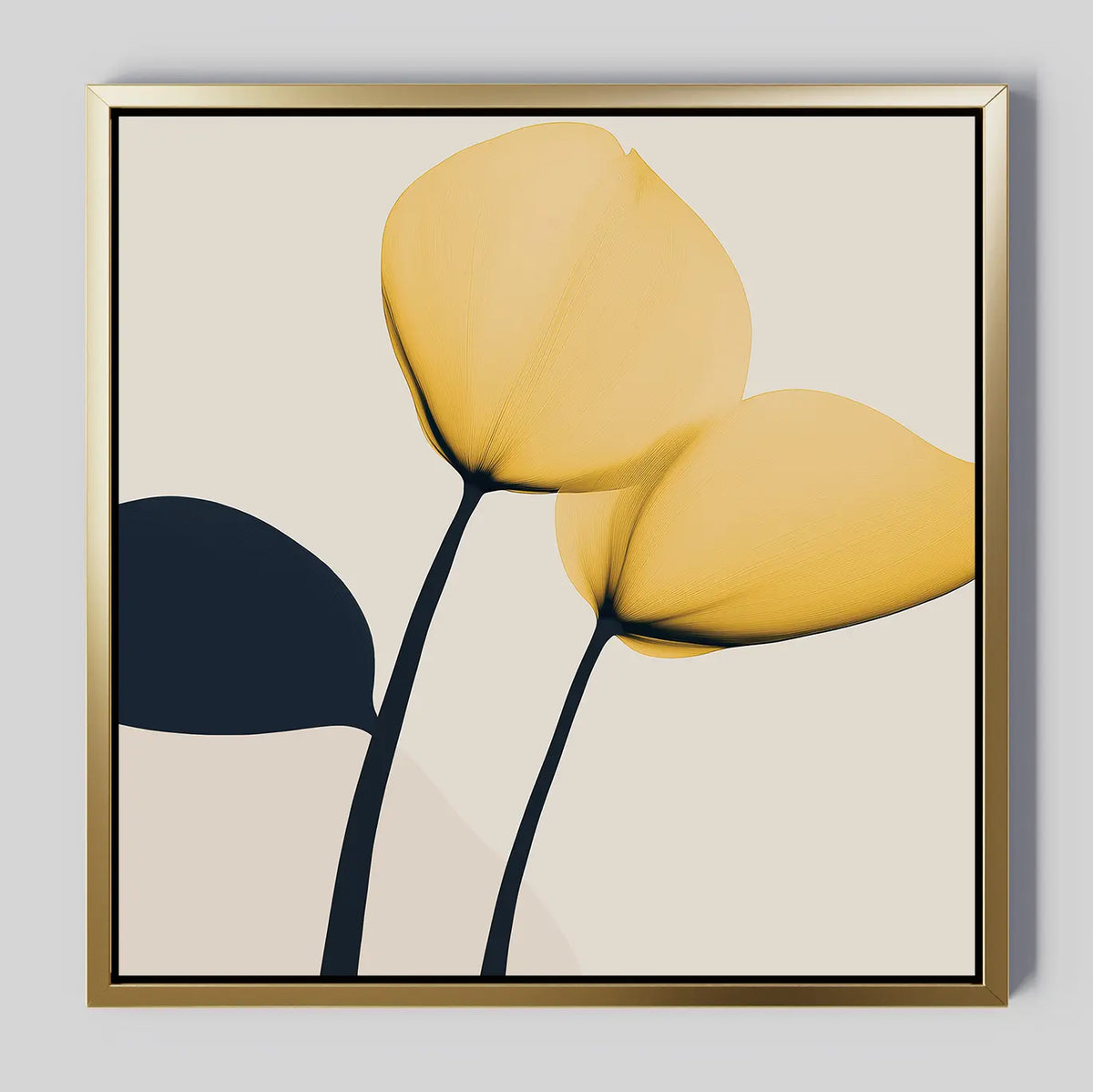The Sunny Flora Canvas Art showcases two yellow flowers with black stems and leaves on a light beige background, set in a slim gold-colored frame—an elegant choice to brighten any modern living room.