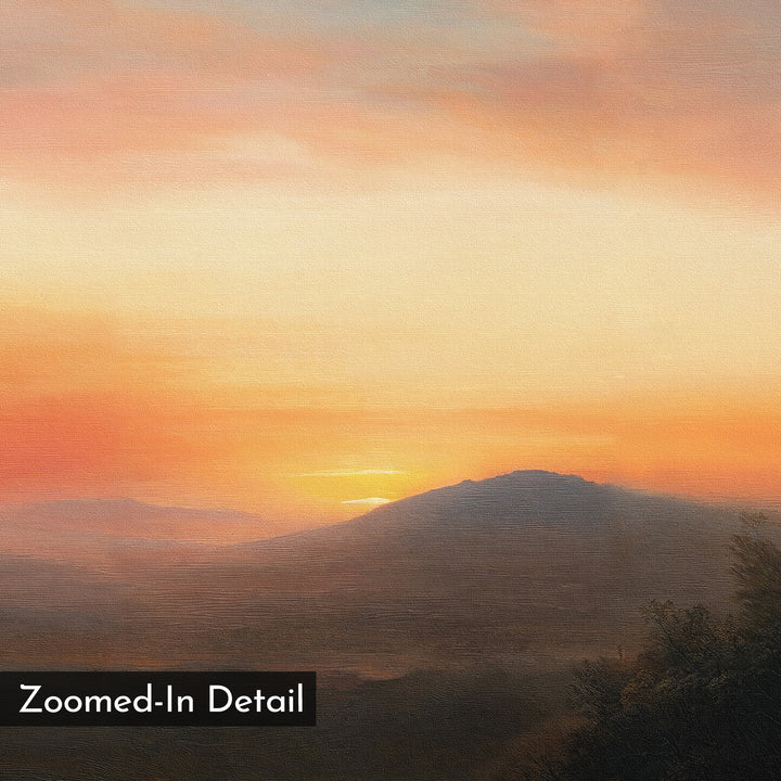 A close-up of "Sunset Reflection Canvas Art" reveals a mountain landscape at sunset, featuring a glowing orange sky, soft clouds, and tree silhouettes—making it a striking sunset wall art piece.