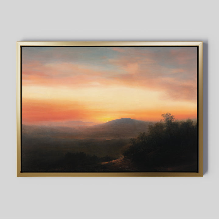 The Sunset Reflection Canvas Art showcases a glowing orange and pink sunset sky with rolling hills and tree silhouettes, making it a perfect piece of vintage wall decor.