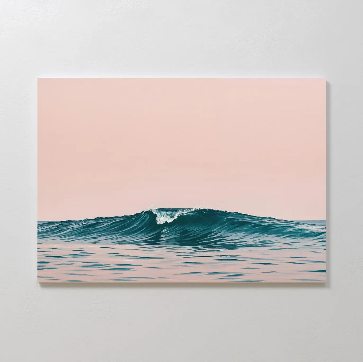 Sunset Wave Canvas Art showcases a minimalist blue ocean wave set against a calm light pink sky. This elegant coastal wall art adds subtle beach-inspired decor and serene charm to any room.