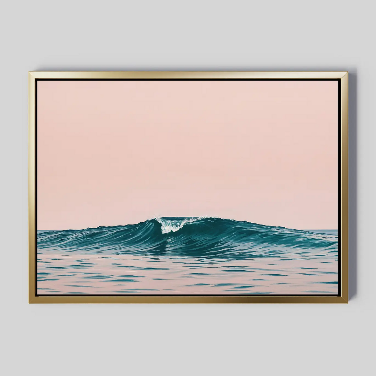 Sunset Wave Canvas Art: A minimal, modern framed print featuring a blue ocean wave with calm water beneath a soft pink sky—perfect coastal wall art for any space.