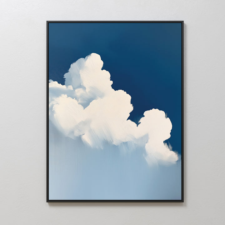 The Cumulus Abstract Canvas Art features fluffy white clouds on a deep blue sky, with soft blended brushstrokes. This large framed piece adds an airy, serene feel to any space and looks stunning on light-colored walls.