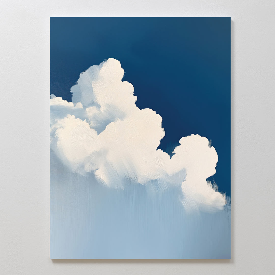 The Cumulus Abstract Canvas Art features fluffy white clouds on a deep blue sky, with soft brushstrokes for a dreamy, serene look—perfect as calming decor and elegant minimalist wall art for light-colored walls.