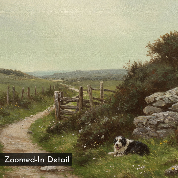 The Watchful Path Canvas Art depicts a country path lined with wildflowers, a wooden gate, and a stone wall—ideal rustic living room decor. A black and white dog rests in the grass, and a Zoomed-In Detail label appears in the corner.