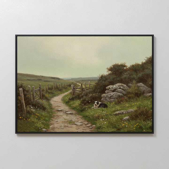 The Watchful Path Canvas Art features a winding dirt path bordered by a wooden fence, grassy hills, and wildflowers—ideal countryside wall art to add charm and serenity to your rustic living room decor.
