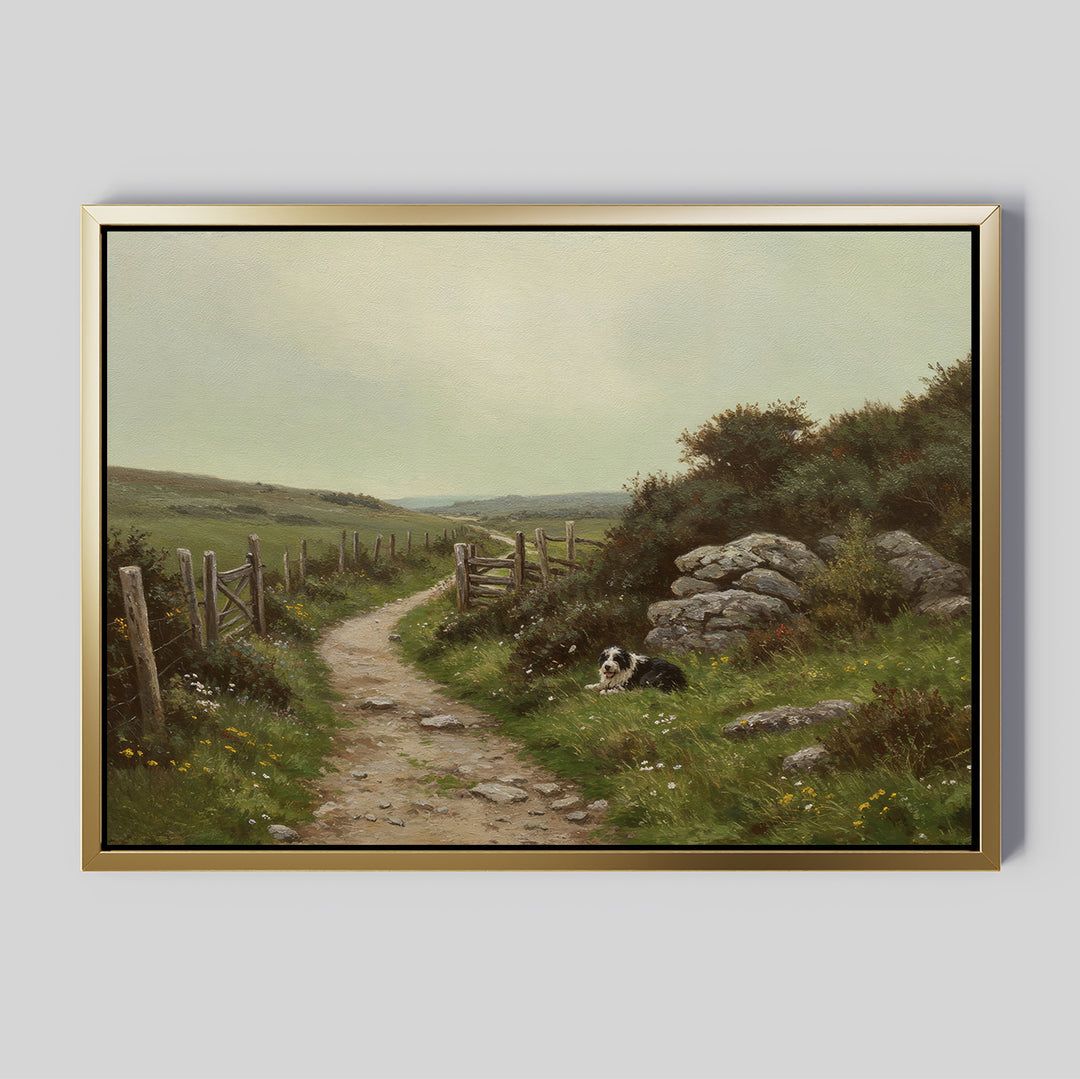 The Watchful Path Canvas Art features a rural path winding through grassy fields and a wooden fence, with a black and white dog resting by the path under cloudy skies—ideal rustic decor for your living room.