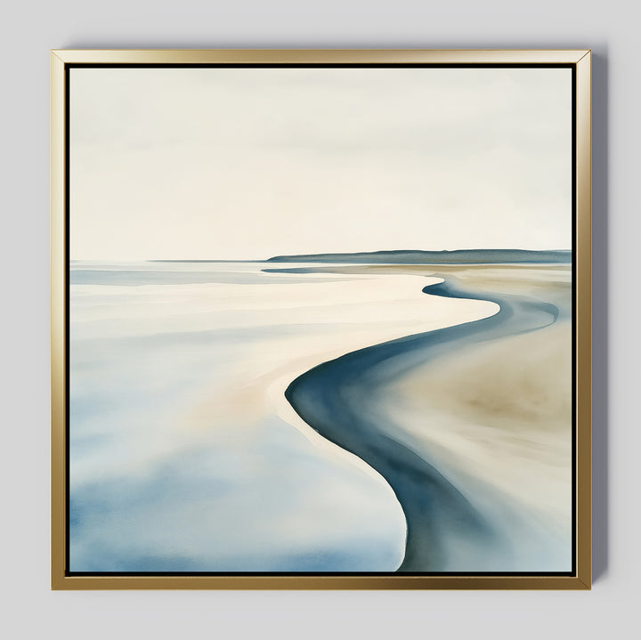 The Serene Coastline Canvas Art is a framed minimalist wall piece showcasing gentle shoreline curves, soft sandy tones, calm blue waters, and a pale sky—ideal for modern interior decor.