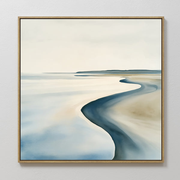 Serene Coastline Canvas Art features minimalist wall art of a curving shoreline in soft blue, beige, and white. This framed coastal piece brings tranquil elegance to modern interiors, making it perfect for light-colored walls.