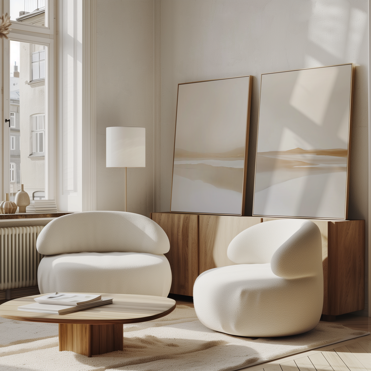 A modern living room features two rounded white armchairs, a low wooden coffee table, and a sideboard topped with the Tranquil Horizons Set of 2—two large abstract landscape paintings that elevate the décor.