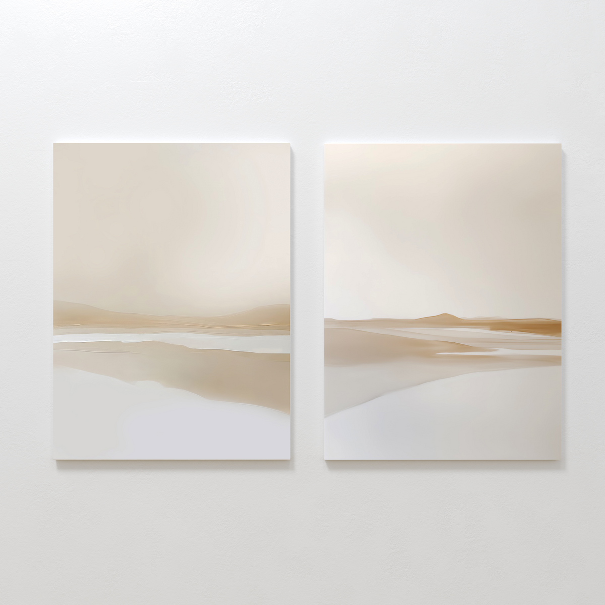The Tranquil Horizons Set of 2 features minimalist landscape paintings in neutral tones, each with abstract, soft shapes evoking distant hills, water, and sky, displayed side by side on a white wall.