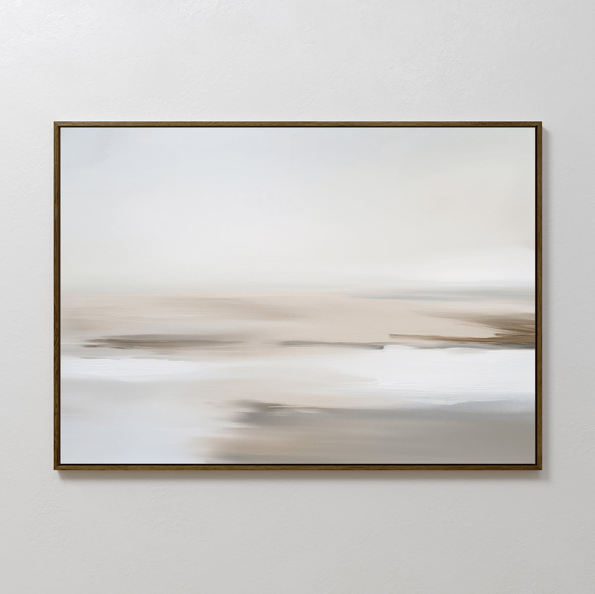 The Tranquil Shifts Canvas Art – Horizontal features soft, blurred strokes in white, beige, and light brown for a calm, minimalist look—perfect modern wall decor for living rooms with a white backdrop.