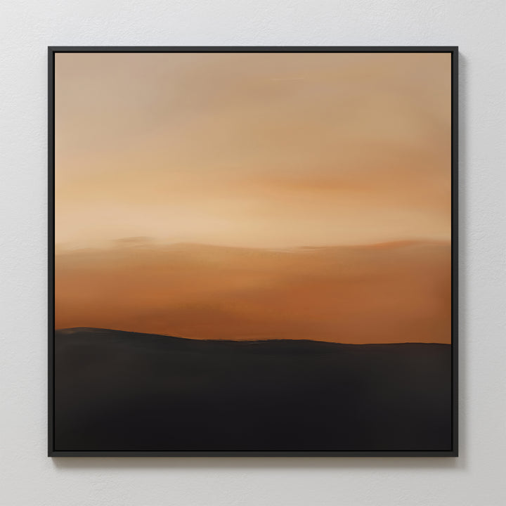 The Tranquil Vista Abstract Canvas Art features a warm orange and beige gradient sky above a dark hill, framed in black—ideal bedroom decor for a serene, modern vibe.