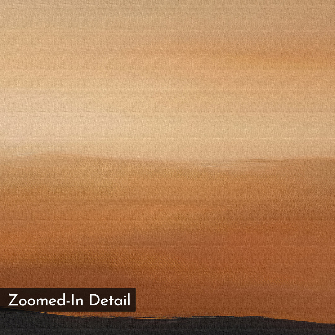 Tranquil Vista Abstract Canvas Art features warm, blended orange and brown shades in a minimalist design. A gentle gradient moves from light to dark with a "Zoomed-In Detail" label—perfect modern wall art for living room decor.
