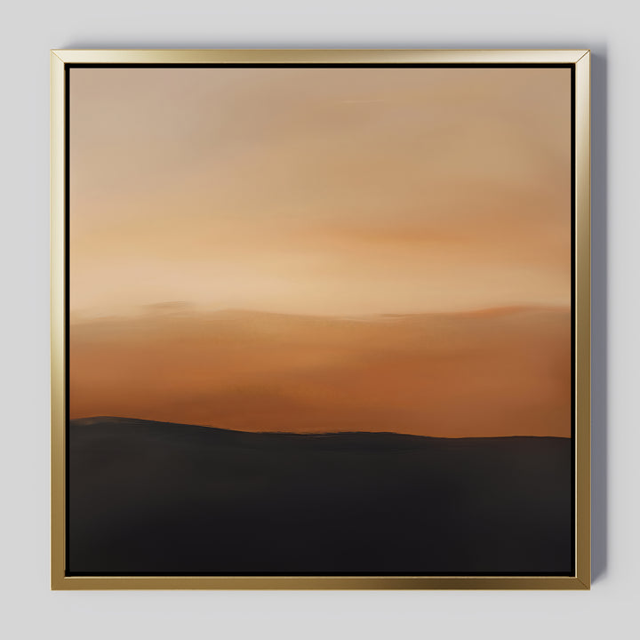 Tranquil Vista Abstract Canvas Art features a soft gradient sky in warm orange and beige over a dark silhouette, framed in sleek gold—an elegant, minimalist wall art piece ideal for bedroom or living room decor.