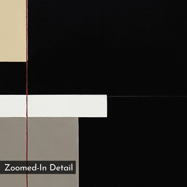 Urban Balance Canvas Art features abstract geometric rectangles in black, beige, white, and gray, accented by a slim red vertical line on the left. "Zoomed-In Detail" appears at the bottom left for a modern, minimalist look.