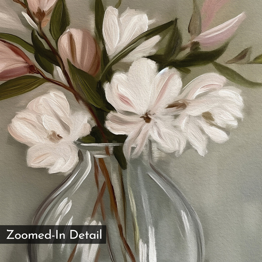 Vase & Grace Canvas Art: A close-up of blush flowers with green leaves in a glass vase, painted in soft, delicate strokes. Zoomed-In Detail in a black box—ideal minimalist wall art for your living room decor.