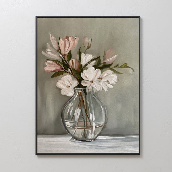 Vase & Grace Canvas Art features a clear glass vase with white and blush flowers and green leaves on a soft, muted background—ideal minimalist wall art for your living room decor.