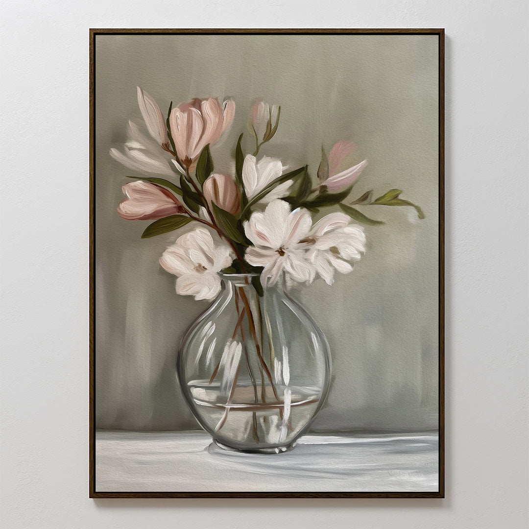 The Vase & Grace Canvas Art showcases white and blush flowers with green leaves in a clear vase on a soft green background, bringing minimalist elegance to your living room decor.