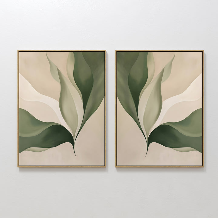 The Verdant Grace Set of 2 features framed abstract art with layered green and beige leaves on a light background, ideal minimalist wall decor to enhance your living room.