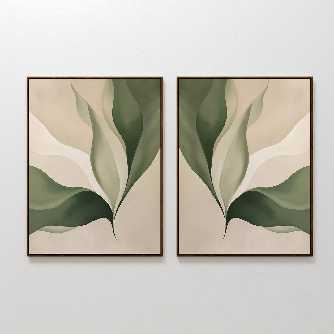 The Verdant Grace Set of 2 features framed abstract art with overlapping green and beige leaf shapes on a light backdrop—ideal minimalist wall decor to enhance your living room.