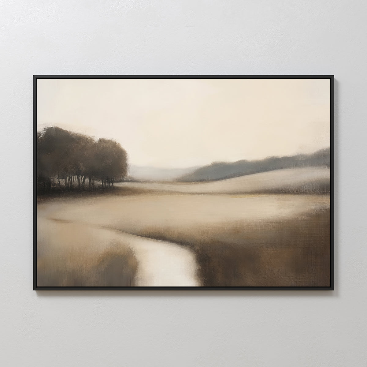 The Vintage Horizon Canvas Art – Horizontal features a soft, muted scene with a winding river, open fields, and trees in beige and brown tones—perfect vintage wall art to add calming style to any bedroom.
