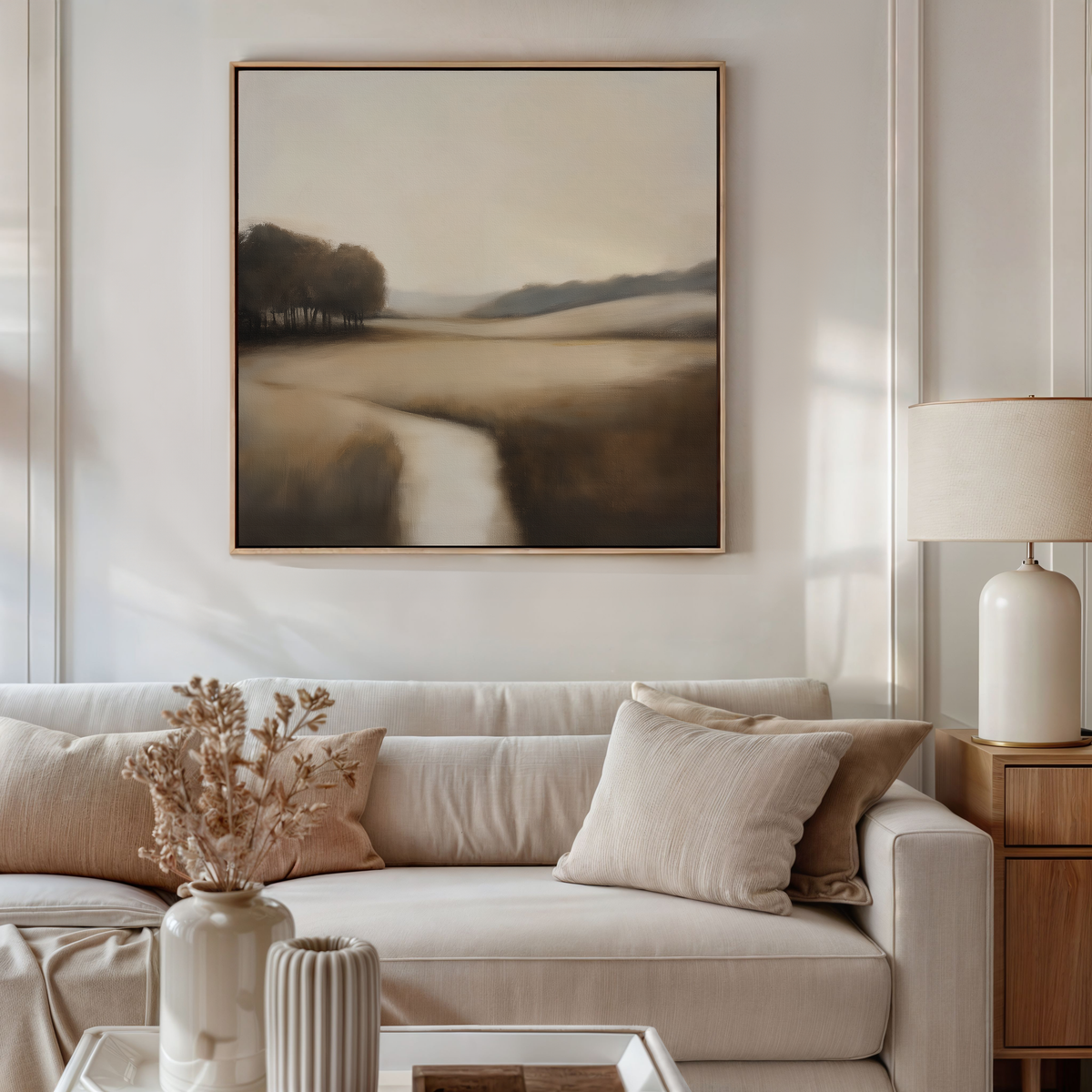 A neutral-toned living room with a beige sofa, matching cushions, a side table, and dried flowers. Above the sofa hangs the Vintage Horizon Canvas Art, adding a minimalist touch and enhancing the space’s decor.