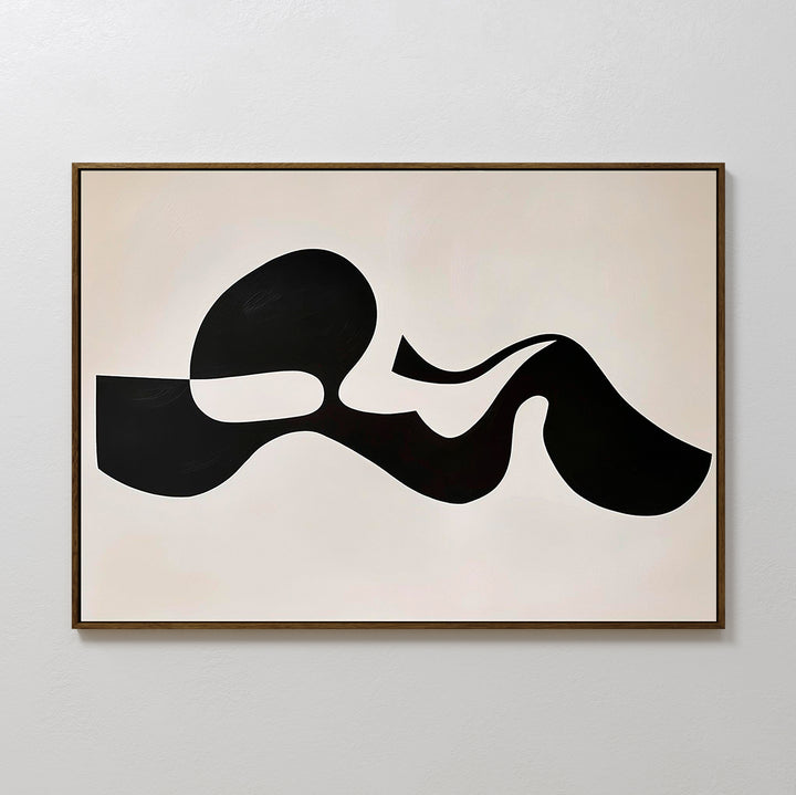 Fluid Forms Abstract Canvas Art features bold, irregular black shapes on a white background with a slim brown frame. This organic, minimalist piece adds striking modern style to any space—perfect for contemporary wall art décor.
