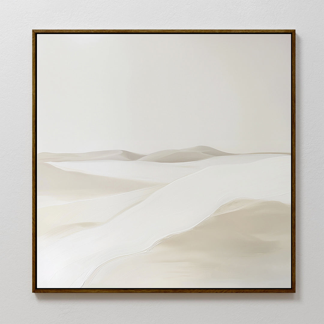 Misty Vale Abstract Canvas Art features soft, rolling sand dunes in neutral beige and white on a pale backdrop, creating a calm, minimalist desert landscape—perfect as serene bedroom wall decor.