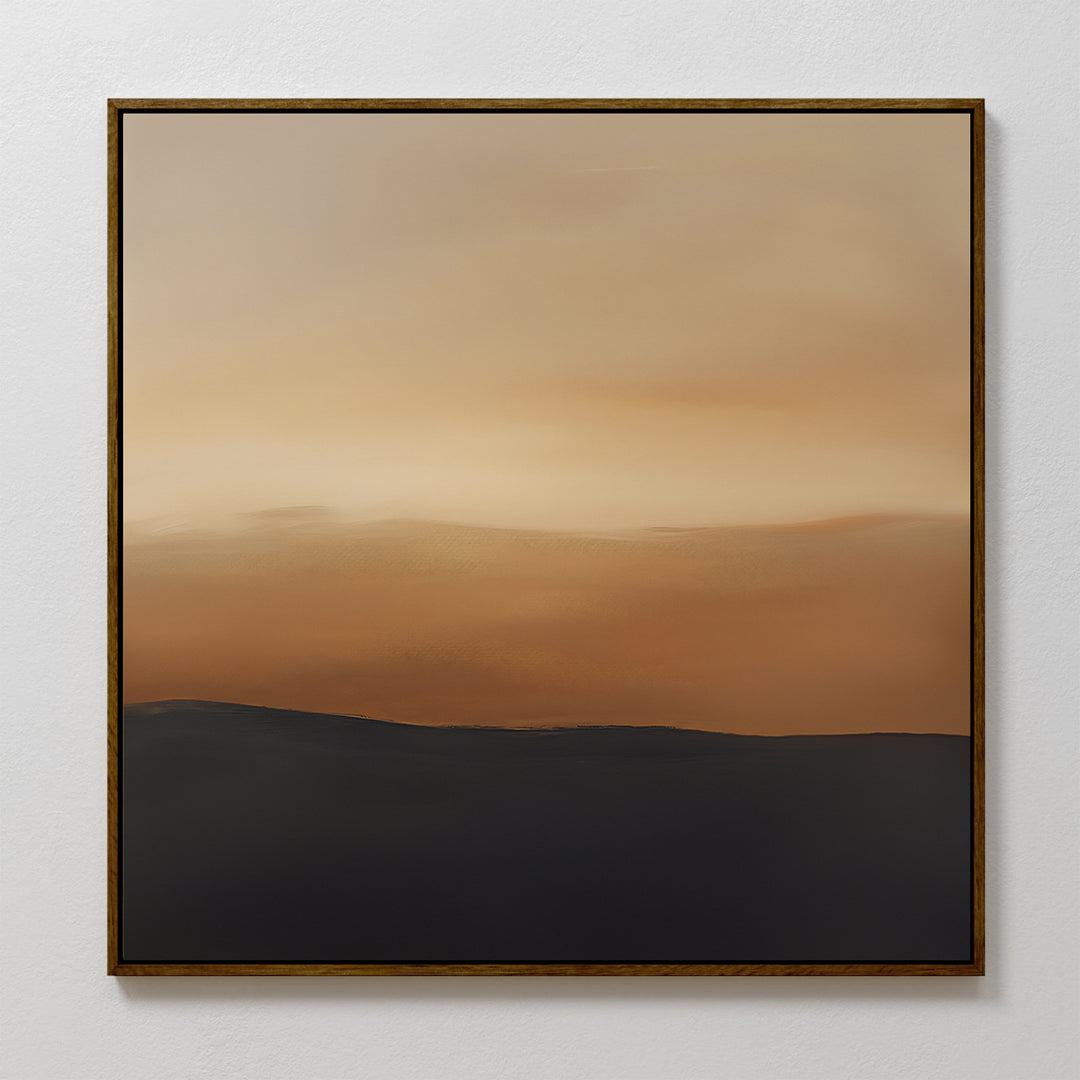 Tranquil Vista Abstract Canvas Art features a soft gradient from dark brown to warm beige and light tan, evoking minimalist wall art perfect for living room decor. Displayed on a plain white wall.