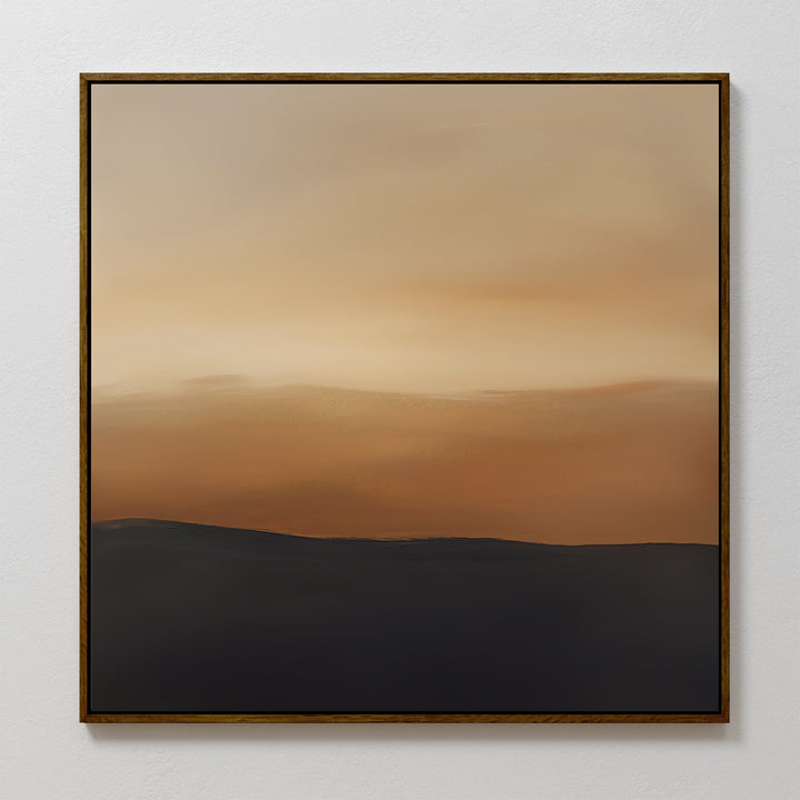 Tranquil Vista Abstract Canvas Art features a soft gradient from dark brown to warm beige and light tan, evoking minimalist wall art perfect for living room decor. Displayed on a plain white wall.