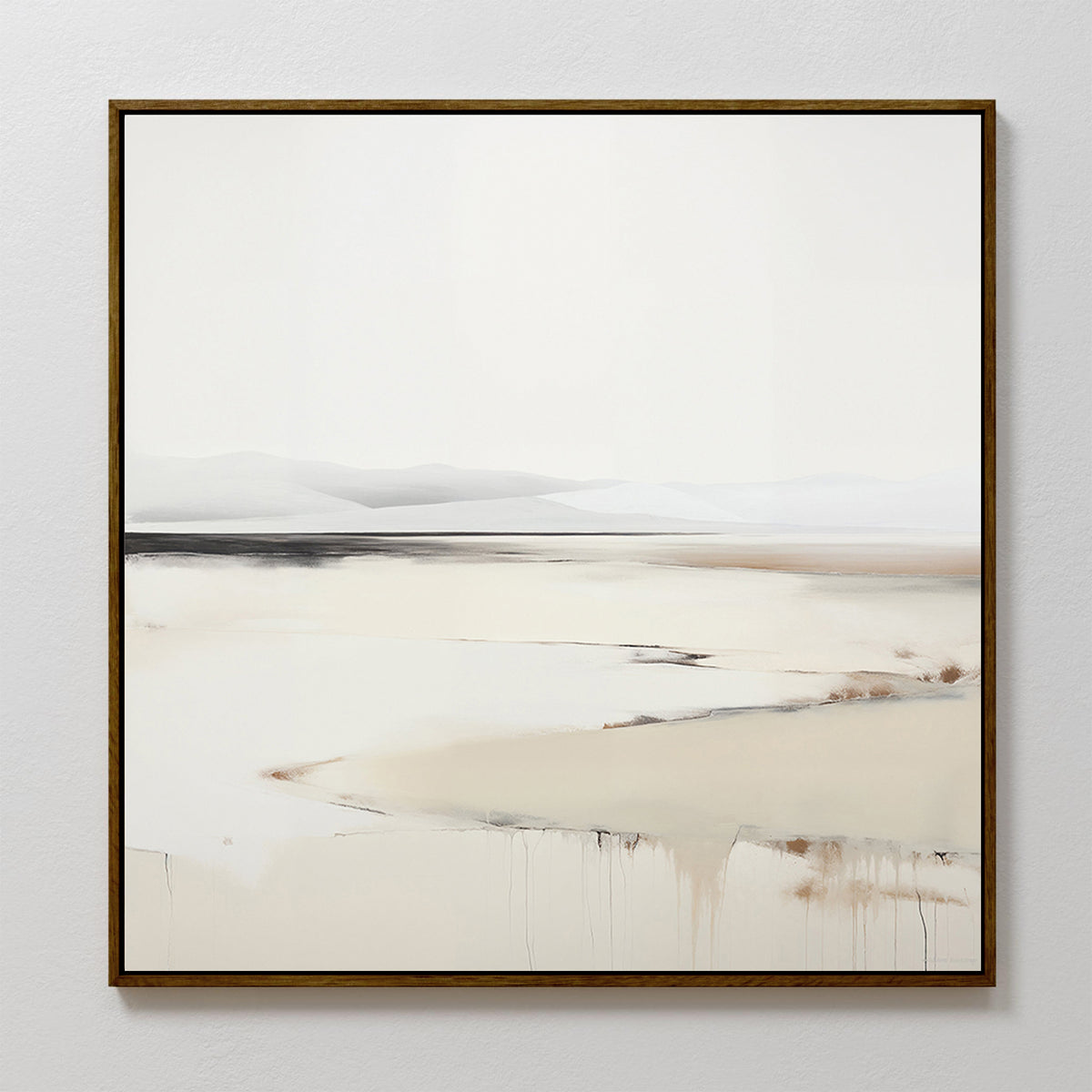 The Quiet Valley Abstract Canvas Art features a minimalist desert landscape in light beige and white tones, with soft hills and subtle brushstrokes, framed in a thin dark border—ideal for elevating your living room decor.