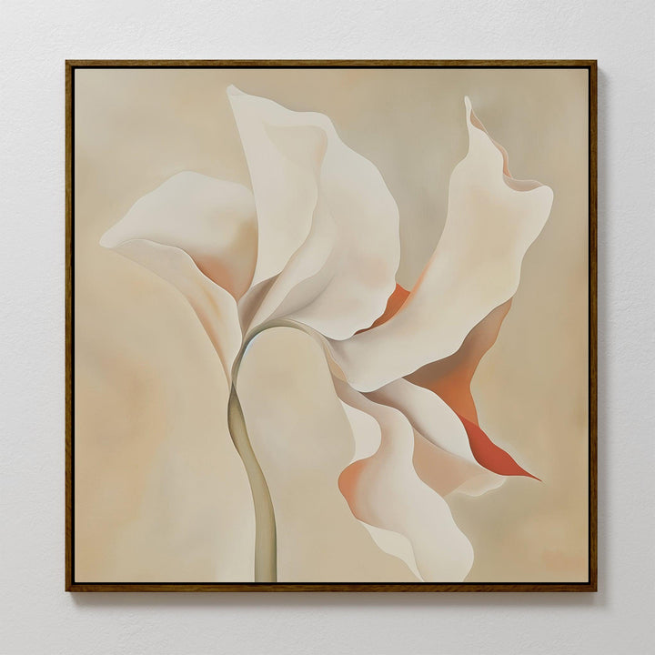 Delicate Bloom Abstract Canvas Art features soft beige and white floral forms with flowing petals and subtle orange accents, bringing modern elegance to your living room as minimalist wall decor.