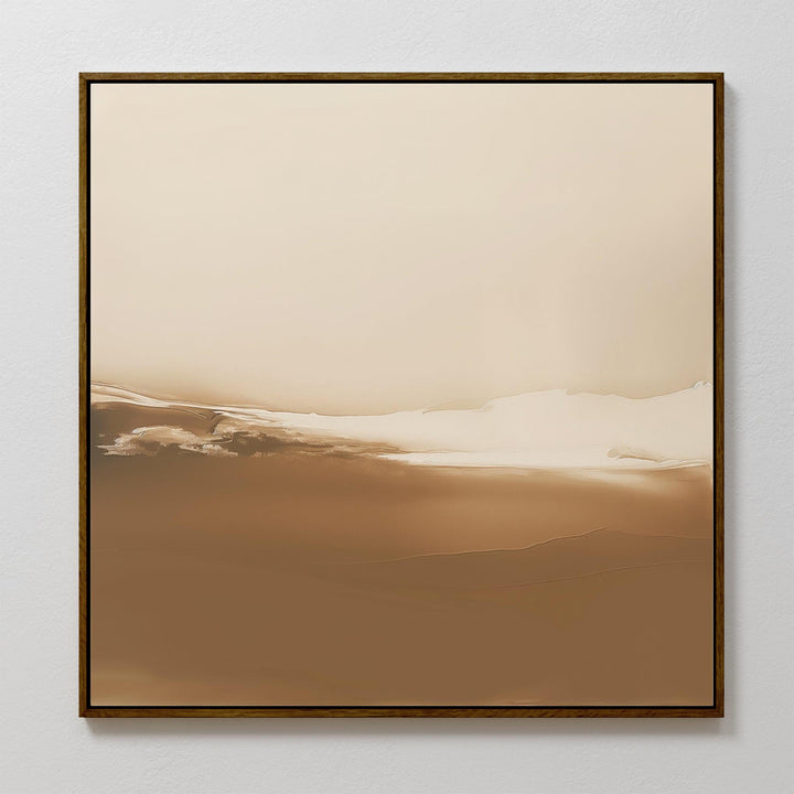 Desert Dusk Abstract Canvas Art features minimalist wall art in neutral beige and brown, evoking a soft landscape with gentle blending and subtle texture. It’s finished with a simple, thin dark frame for a modern look.