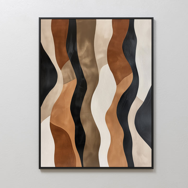 Wavy Patterns Abstract Canvas Art features smooth, organic vertical stripes in brown, beige, black, and cream. This modern framed piece adds sophisticated energy to any space and looks stunning on a light wall.
