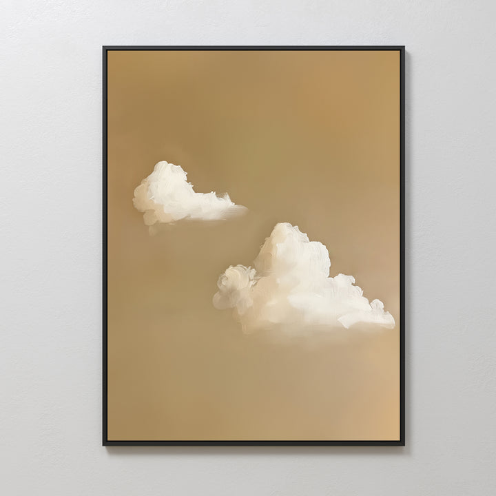 Whispering Clouds is a framed minimalist wall art featuring two fluffy white clouds on a soft beige background, perfect for enhancing your living room decor with its serene touch.