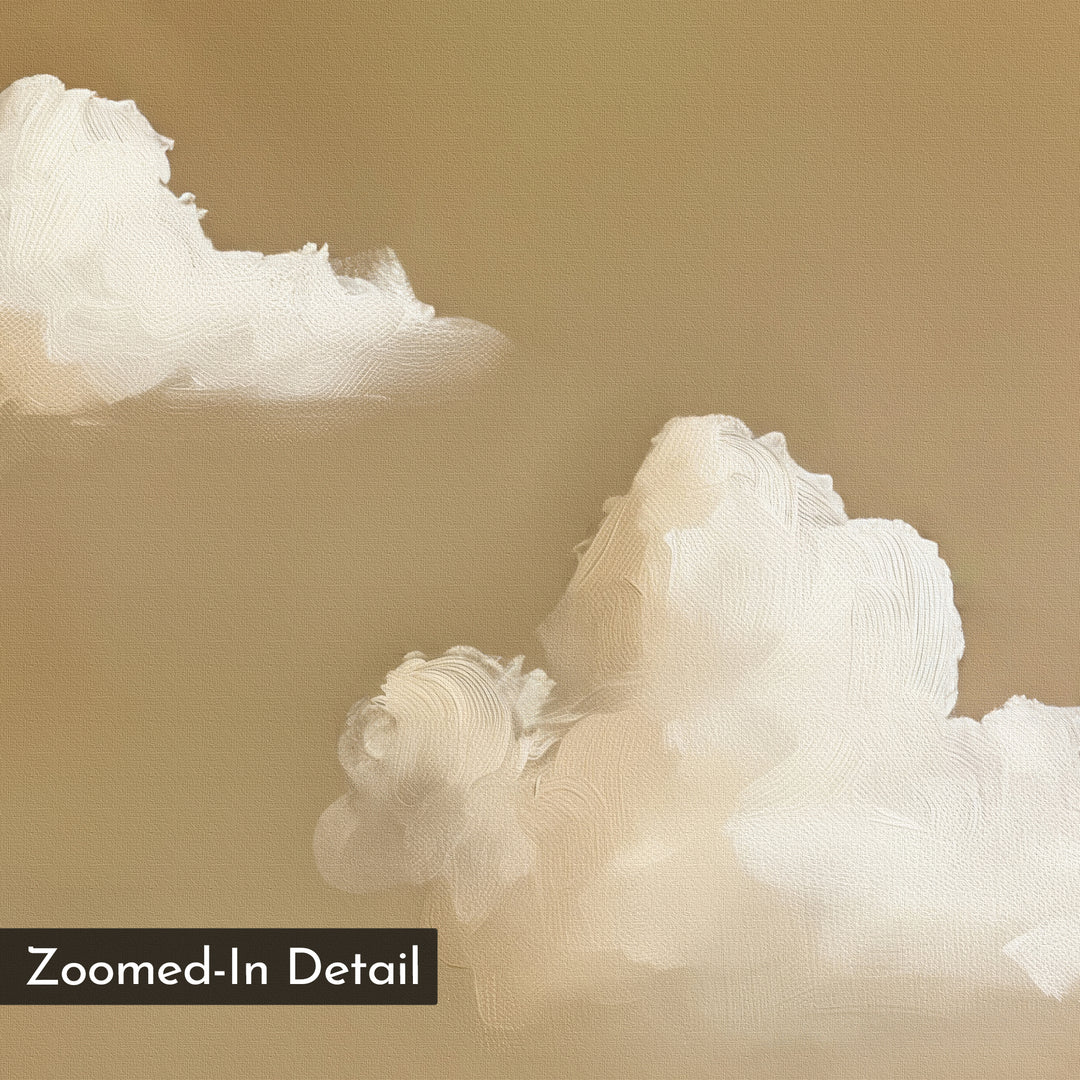 Zoomed-in detail of white, fluffy clouds with visible brushstrokes on a warm beige background. "Whispering Clouds" minimalist wall art features a black label in the bottom left corner that reads Zoomed-In Detail.