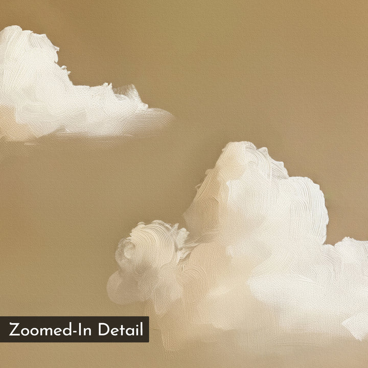 Zoomed-in detail of white, fluffy clouds with visible brushstrokes on a warm beige background. "Whispering Clouds" minimalist wall art features a black label in the bottom left corner that reads Zoomed-In Detail.
