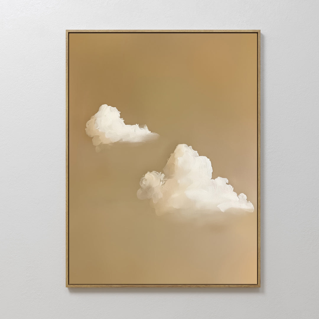 Whispering Clouds is a framed painting with two fluffy white clouds drifting on a soft beige background, creating a serene, minimalistic look—ideal as minimalist wall art for your bedroom or living room decor.